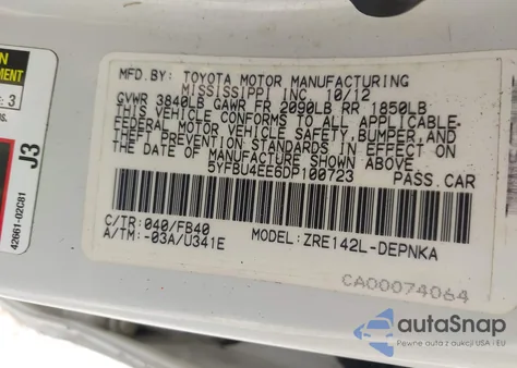 2013 Toyota Corolla Le из США, поврежденный, VIN 5YFBU4EE6DP100723